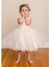 Beaded Tulle Knee Length Flower Girl Dress With Bow